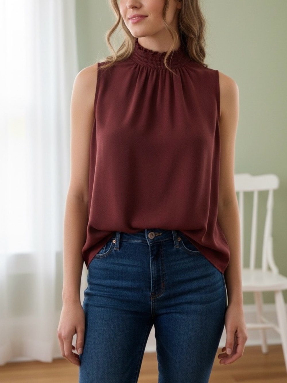 Antonio Melani 100% Silk Women’s Blouse Sleeveless Mock Neck Top Size L Burgundy